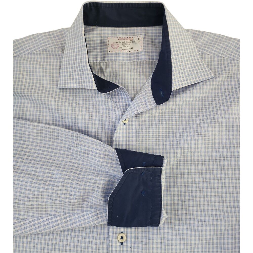 Lorenzo Uomo The Perfect White Shirt Mens 17.5 34-35 Trim Fit Blue Check Cotton
